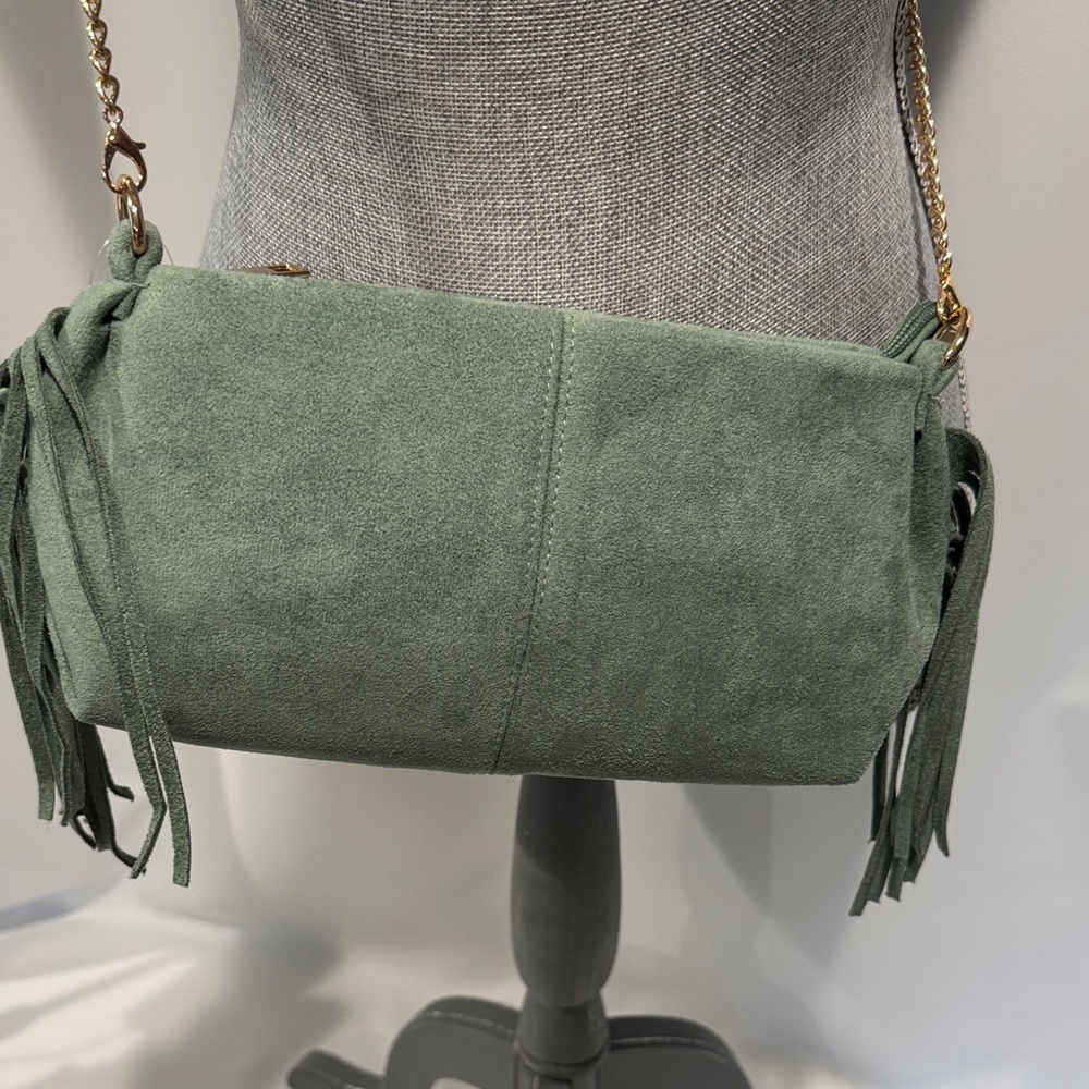 Faux Suede Fringe Crossbody Bag in Sage Green - Picture 3 of 15